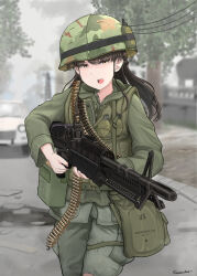 1girl absurdres ammunition_belt artist_name black_hair blurry camouflage_hat city combat_helmet depth_of_field explosive green_jacket green_pants grenade gun helmet highres jacket m26_grenade m60_(machine_gun) machine_gun military military_combat_uniform military_uniform original pants savankov solo vietnam_war weapon