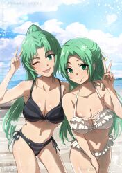 2girls beach bikini black_bikini blue_sky breasts cleavage cloud day frilled_bikini frills green_hair hair_intakes half_updo highres higurashi_no_naku_koro_ni horizon medium_breasts multiple_girls ocean outdoors ponytail puchikun siblings side-tie_bikini_bottom sisters sky sonozaki_mion sonozaki_shion striped_bikini striped_clothes swimsuit twins v white_bikini