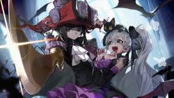 2girls :/ :d absurdres aiming aiming_at_viewer animal animal_on_head ascot bare_shoulders bat_(animal) bicorne black_bow black_bowtie black_cat black_dress black_eyes black_gloves black_hair black_jacket black_sleeves black_wings blue_eyes bow bowtie carrying carrying_person cat cat_on_head commission demon_wings detached_sleeves disembodied_hand dress elbow_gloves fingernails glint gloves grey_eyes hair_bow hand_on_another&#039;s_shoulder hands_up hat heterochromia highres holding holding_sword holding_weapon indoors jacket jacket_on_shoulders long_fingernails long_hair long_sleeves looking_at_another looking_at_viewer low_wings multiple_girls on_head open_mouth original outstretched_arm pointing_melee_weapon pointing_sword ponytail puff_of_air purple_nails red_eyes red_hat short_dress short_hair shuicha_bu_shi_zha smile strapless strapless_dress sword teeth tongue very_long_hair weapon white_ascot white_hair window wings