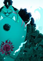 Rule 34 | 1boy, absurdres, artist name, black hair, blue skin, chest tattoo, closed eyes, closed mouth, colored skin, commentary, curly eyebrows, curly hair, english commentary, facial hair, fish boy, gills, goatee, high ponytail, highres, jinbe (one piece), long hair, male focus, one piece, ponytail, scar, scar on face, shuravf, solo, sun symbol, sun tattoo, tan, tattoo, tusks