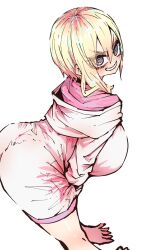 1girl ass asymmetrical_hair bare_legs barefoot bent_over blonde_hair blue_eyes breasts feet foreshortening hanging_breasts highres hood hoodie kouhai_wa_inkya_agari_no_infuruensaa large_breasts legs looking_at_viewer no_shoes presenting shigemori_erin single_sidelock smile solo toes white_background white_hoodie zyugoya