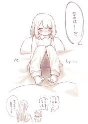 2girls barefoot bed bedwetting blush crying crying_with_eyes_open embarrassed feet loli monochrome mother_and_daughter multiple_girls original pajamas pee pee_stain peeing peeing_self pillow rainy_silk tears translation_request wet wet_clothes