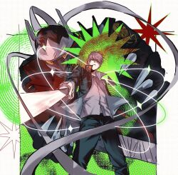1boy @_@ black_jacket black_pants claws closed_mouth feet_out_of_frame frown grey_hair grey_shirt highres holding holding_sword holding_weapon izanagi_(persona_4) jacket layered_sleeves long_sleeves looking_at_viewer male_focus narukami_yu open_clothes open_jacket pants persona persona_4 popped_collar s4lxnimljxubd0v school_uniform shirt short_hair sword weapon yasogami_school_uniform yellow_eyes
