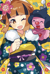1girl ;d anidler91 black_hair black_sash blue_kimono brown_eyes brown_hair floral_print floral_print_kimono flower fur_collar gardenia_(pokemon) gen_4_pokemon grid_background hair_flower hair_ornament highres japanese_clothes kimono long_sleeves looking_at_viewer mime_jr. multicolored_hair nintendo obi one_eye_closed open_mouth pink_flower pokemon pokemon_(creature) pokemon_dppt print_kimono sash short_hair smile two-tone_hair yellow_background
