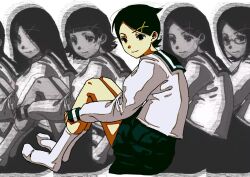 6+girls arched_bangs black_eyes black_hair black_sailor_collar black_skirt black_sleeve_cuffs blouse blunt_bangs bob_cut closed_mouth distortion dot_nose double-parted_bangs facing_viewer fujiyoshi_harumi fuura_kafuka glasses gongertouji greyscale hair_ornament hair_over_one_eye hairclip hand_on_own_leg highres kitsu_chiri kneehighs knees_up komori_kiri legs_together light_smile lineup long_hair long_sleeves looking_afar monochrome monochrome_background multiple_girls no_shoes on_floor out_of_frame parted_bangs pleated_skirt sailor_collar saturated sayonara_zetsubou_sensei school_uniform shirt short_hair sidelocks simple_background sitting skirt sleeve_cuffs socks straight_hair surreal swept_bangs symbolism tareme tsunetsuki_matoi turning_head very_long_hair very_short_hair vhs_artifacts wavy_ends white_background white_shirt white_socks wispy_bangs x_hair_ornament