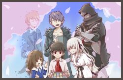 3boys 3girls alice_(deemo) armor blue_eyes closed_eyes collarbone crossed_arms deemo deemo_(character) ender_lilies_quietus_of_the_knights food garry_(ib) glowing glowing_eye grey_hair highres hood hooded_jacket ib_(ib) ib_(kouri) jacket lily_(ender_lilies) macaron multiple_boys multiple_girls petals red_eyes riva_(wolfox610riva) scroll smile spoilers umbral_knight_(ender_lilies)