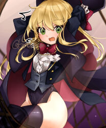 1girl arms_up black_boots black_cloak black_hat black_jacket black_leotard black_thighhighs blonde_hair boots bow bowtie cloak commission green_eyes grey_vest hands_on_headwear hat highleg highleg_leotard highres jacket koma_mksm leotard leotard_under_clothes long_hair net open_mouth original phantom_thief phantom_thief_(kkmomo67) red_cloak shirt skeb_commission solo thigh_boots thighhighs thighs top_hat two-tone_cloak vest white_shirt