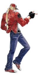1boy absurdres alpha_transparency baseball_cap belt black_belt black_gloves blonde_hair blue_eyes commentary_request denim fingerless_gloves from_side full_body gloves hat highres jeans jeonjin_(mynamebazin) male_focus pants pointing ponytail red_hat red_shoes shoes solo terry_bogard the_king_of_fighters the_king_of_fighters_xiv transparent_background