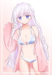 Rule 34 | 1girl, alternate costume, arm at side, bare shoulders, blue bow, blue bra, blue eyes, blue panties, blush, bow, bow bra, bra, bra print, breasts, cleavage, closed mouth, collarbone, commentary, cowboy shot, floral print, floral print bra, front-print panties, frown, gluteal fold, gradient background, hair between eyes, hand up, highres, large breasts, lingerie, long hair, looking at viewer, naruse shiroha, navel, open pajamas, pajamas, panties, pink background, pink pajamas, print panties, rose print, sidelocks, signature, simple background, sleeves past wrists, solo, stomach, summer pockets, underwear, utuigawa, very long hair, white hair