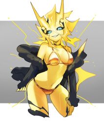 Rule 34 | 1girl, baniran dorosu, bikini, black jacket, black sclera, blonde hair, blue eyes, breasts, colored sclera, colored skin, commentary request, cowboy shot, electricity, gold bikini, golden week, golden week bikini, grey background, jacket, large breasts, open clothes, open jacket, original, parted lips, sharp teeth, simple background, smile, solo, spiked hair, swimsuit, teeth, thunder (baniran dorosu), yellow skin