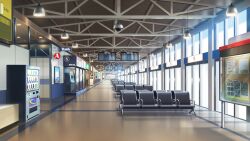 airport atm blurry ceiling_light depth_of_field display english_text highres indoors monitor no_humans non-web_source official_art our_life:_beginnings_and_always reflective_floor scenery shadow sign vending_machine window window_light