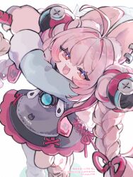 1girl absurdres ahoge animal_ears axe blush braid bright_pupils dress ear_piercing furry furry_female hair_between_eyes highres holding holding_axe long_hair long_sleeves looking_at_viewer open_mouth piercing pink_hair poponnu rabbit_ears rabbit_girl rabbit_tail red_eyes short_dress short_eyebrows smile smug solo tail thick_eyebrows twin_braids very_long_hair white_background white_fur white_pupils zenless_zone_zero zhao_(zenless_zone_zero)