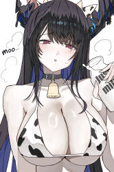 1girl @_@ absurdres animal_costume animal_ears animal_print asymmetrical_horns bell bikini black_hair blue_hair blush bottle breasts colored_inner_hair cow_costume cow_ears cow_horns cow_print cow_print_bikini cowbell demon_horns ewn fake_horns flower highres hololive hololive_english horn_flower horns hypnosis large_breasts long_hair looking_at_viewer milk milk_bottle mind_control mole mole_under_eye multicolored_hair neck_bell nerissa_ravencroft open_mouth print_bikini red_eyes solo swimsuit two-tone_hair uneven_horns very_long_hair virtual_youtuber