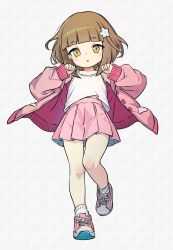 1girl blunt_bangs brown_eyes brown_hair collarbone full_body hair_ornament highres jacket long_sleeves looking_at_viewer mwm5 open_clothes open_jacket piamo_(world_flipper) pink_jacket pink_skirt pleated_skirt shirt shoes short_hair skirt sleeves_past_wrists sneakers socks solo white_shirt white_socks world_flipper