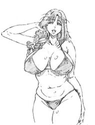 1girl bare_shoulders bikini black_bikini black_hair braid breasts cleavage collarbone greyscale huge_breasts indie_virtual_youtuber kubo_tite_(style) large_breasts long_hair looking_at_viewer mature_female mole mole_under_mouth monochrome navel open_mouth parted_bangs rakusakugk simple_background single_braid smile solo standing stomach string_bikini sweat swimsuit thighs tsukushibara_sumine virtual_youtuber white_background