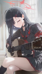 1girl absurdres black_choker black_gloves black_hair black_sailor_collar black_serafuku black_shirt black_skirt black_socks blue_archive choker closed_mouth commentary crossed_legs gloves guan_byeol hair_ornament hairclip halo highres ichika_(blue_archive) instrument long_hair long_sleeves looking_down music playing_guitar playing_instrument red_halo sailor_collar school_uniform serafuku shirt sitting skirt smile socks solo thighs