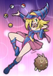 1girl artist_name bare_shoulders blonde_hair blue_footwear blue_headwear blush_stickers breasts capelet cleavage dark_magician_girl duel_monster full_body great_ball green_eyes gs_ball hair_between_eyes hat highres kuriboh long_hair looking_at_viewer medium_breasts nintendo one_eye_closed open_mouth outstretched_arm parody pentagram pink_skirt poke_ball poke_ball_(basic) pokemon siczak skirt smile striped_background style_parody sugimori_ken_(style) ultra_ball wizard_hat yu-gi-oh! yu-gi-oh!_duel_monsters