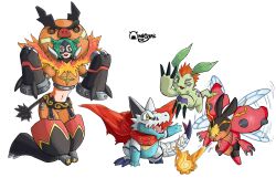 absurdres belt cape chikorita cho-hakkaimon costume digimon emboar fire fusion gen_2_pokemon gen_5_pokemon gomamon hackmon_(digimon) highres leaf looking_at_viewer nintendo one_eye_closed onigyrii pokemon simple_background spikes tail tentomon tepig totodile white_background wings