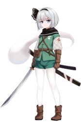 1girl adapted_costume belt belt_pouch black_hairband blue_eyes boots brown_belt brown_boots brown_gloves chunjiu closed_mouth clothing_request commentary full_body gloves green_shirt green_shorts grey_hair hairband highres hitodama hitodama_print holding holding_sword holding_weapon katana konpaku_youmu konpaku_youmu_(ghost) layered_clothes layered_sleeves long_sleeves looking_at_viewer multiple_swords pantyhose pouch sheath sheathed shirt short_hair short_over_long_sleeves short_sleeves shorts simple_background solo sword sword_on_back touhou unsheathing weapon weapon_on_back white_background white_pantyhose
