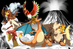 arcanine asatsuki_(fgfff) blaziken charizard claws commentary_request entei fangs fangs_out fire flame-tipped_tail gen_1_pokemon gen_2_pokemon gen_3_pokemon ho-oh leg_up legendary_pokemon nintendo no_humans open_mouth pokemon pokemon_(creature) pokemon_focus red_eyes rock standing standing_on_one_leg tail teeth tongue typhlosion volcano