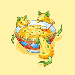 animal_focus bowl charongess commentary egg_(food) english_commentary food food_art food_focus foodification holding holding_spoon mouse_(animal) no_humans original smile soup spoon
