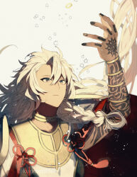 Rule 34 | 1boy, 57krmt, arm tattoo, arm up, artist name, black nails, braid, dark-skinned male, dark skin, fate/grand order, fate (series), floating hair, flower knot, hair between eyes, hand tattoo, highres, jewelry, long hair, male focus, neck ring, parted lips, ring, shirt, side braid, simple background, single braid, sleeveless, sleeveless shirt, solo, solomon (fate), sparkle, tattoo, twitter username, upper body, very long hair, watermark, white background, white hair, white shirt