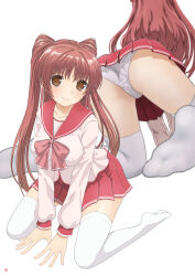 Rule 34 | 1girl, absurdres, ass, blush, breasts, brown eyes, commission, highres, kneeling, kousaka tamaki, large breasts, light blush, long hair, long sleeves, looking at viewer, miniskirt, mtu virus, multiple views, nao suke, panties, pantyshot, pleated skirt, red hair, red sailor collar, red skirt, sailor collar, school uniform, serafuku, skeb commission, skirt, smile, thighhighs, to heart (series), to heart 2, underwear, white background, white panties, white thighhighs