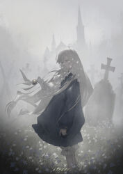 1girl absurdres ahoge black_dress church closed_mouth cross dress feet_out_of_frame flower fog from_side grass graveyard grey_eyes grey_hair grey_theme hair_flower hair_ornament highres latin_cross long_hair long_sleeves original outdoors shorts solo standing tombstone twitter_username very_long_hair white_flower white_shorts yuzu_(yuzusuke10)