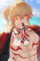 1boy abs alternate_costume bare_pectorals blonde_hair blue_sky braid chest_tattoo facial_tattoo gradient_hair hair_between_eyes highres honkai:_star_rail honkai_(series) jewelry large_pectorals looking_at_viewer male_focus medium_hair multicolored_hair muscular muscular_male mydei_(honkai:_star_rail) necklace odiroid pectorals ponytail red_hair red_tattoo shell shell_necklace side_braid sky solo tattoo upper_body watermark wet wet_hair whistle whistle_around_neck yellow_eyes