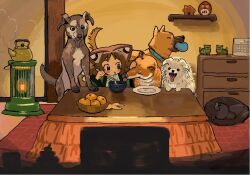 1girl animal_ears brown_hair calendar_(object) chest_of_drawers chopsticks dog eating food fruit gossmm10ws haori heater indoors japanese_clothes kettle kotatsu looking_at_animal mochi orange_(fruit) orange_peel original rug shelf steam table webp-to-png_conversion