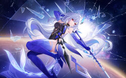 1girl absurdres black_leotard breasts closed_mouth clothing_cutout crystal_shards cutout_above_navel genshin_impact grey_hair high_heels highres holding holding_polearm holding_weapon leotard long_hair looking_at_viewer medium_breasts midair night night_sky planet polearm purple_hands purple_thighhighs red_eyes skirk_(genshin_impact) sky solo star_(sky) thighhighs weapon zx961219