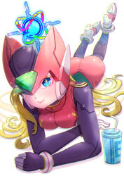 2girls absurdres armor ass bliss_zero_(mega_man) blonde_hair blue_eyes breasts cup cyber_elf_(mega_man) cyber_elf_x_(mega_man) drinking_straw full_body genderswap genderswap_(mtf) helmet highres kiwakiwa large_breasts long_hair lying mega_man_(series) mega_man_zero_(series) multiple_girls on_stomach red_armor red_helmet red_skirt robot_girl simple_background skirt solo_focus svc_chaos white_background x_(mega_man) zero(z)_(mega_man) zero_(mega_man)