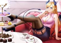 Rule 34 | 1girl, arm support, bat tattoo, black footwear, black horns, black skirt, blonde hair, blue eyes, breast tattoo, breasts, brown thighhighs, cake, center frills, chocolate, cleavage, couch, cup, curtains, demon girl, demon horns, demon tail, demon wings, food, frilled shirt, frills, garter belt, gradient hair, high heels, highres, hololive, horns, indoors, lace, lace-trimmed skirt, lace-trimmed thighhighs, lace trim, large breasts, lava cake, legs, legs up, long hair, looking at viewer, macaron, miniskirt, multicolored hair, pencil skirt, pink shirt, plunging neckline, pointy ears, pumps, red hair, saucer, shirt, single sidelock, sitting, skirt, solo, strawberry shortcake, suzuki (white-world), swept bangs, table, tail, tattoo, teacup, teapot, thighhighs, tiered tray, very long hair, virtual youtuber, winged heart, winged heart tattoo, wings, yuzuki choco, yuzuki choco (1st costume), zettai ryouiki