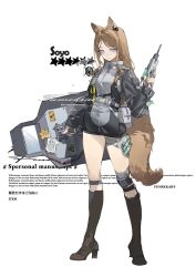 1girl animal_ears arknights bang_dream! bang_dream!_it&#039;s_mygo!!!!! black_boots blue_eyes boots closed_mouth commentary fox_ears fox_girl fox_tail grey_jacket holding holding_shield jacket kemonomimi_mode knee_pads krab_(fumekrab) long_sleeves nagasaki_soyo shield sidelocks solo tail thigh_boots