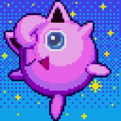 Rule 34 | animal focus, blue background, blue eyes, full body, gen 1 pokemon, gradient background, happy, jigglypuff, leg up, looking at viewer, nintendo, no humans, one eye closed, open mouth, pixel art, pokemon, pokemon (creature), rockthebull, smile, solo, sparkle, standing, standing on one leg, super smash bros., wink