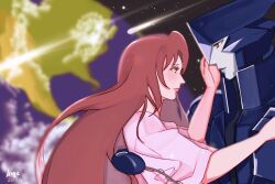 Rule 34 | 1boy, 1girl, aged up, armor, artist name, arya (pixiv92556149), asagi marin, brigadoon, brown hair, colored skin, dated, eye contact, green eyes, grey skin, hetero, highres, lipstick, long hair, looking at another, makeup, melan blue, pink shirt, planet, red eyes, shirt, shooting star, space, upper body, very long hair