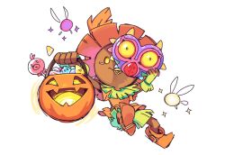 1boy almightychiru bucket candy commentary english_commentary fairy food full_body halloween halloween_bucket holding holding_bucket holding_mask looking_at_viewer majora_(entity) mask nintendo orange_shoes pointy_footwear purple_mask shoes simple_background skull_kid solo sparkle tael tatl the_legend_of_zelda the_legend_of_zelda:_majora&#039;s_mask white_background yellow_eyes