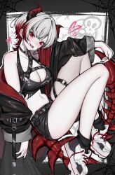 1girl ark_evil02 artist_name belt belt_buckle black_belt black_jacket black_nails black_shirt black_shorts blush breasts buckle chain cleavage commentary commission crop_top crossed_bangs ear_piercing face_piercing fingernails halter_shirt halterneck heart highres horns jacket knees_up long_fingernails long_sleeves looking_at_viewer mole mole_under_eye mouth_piercing multicolored_hair multicolored_jacket multiple_piercings navel navel_piercing nose_piercing original parted_lips piercing red_eyes red_hair red_horns red_jacket red_lips shirt shoes short_hair shorts single_bare_shoulder skull smile sneakers solo torn_clothes torn_shirt two-tone_hair two-tone_jacket white_hair white_shoes