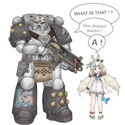 Rule 34 | 1boy, 1girl, absurdres, adeptus astartes, ammunition pouch, animal ears, anklet, armor, belt pouch, blonde hair, blue eyes, bolter, boots, bracelet, carcharodons, english text, fins, fish tail, gun, hair ribbon, hat, highres, holding, holding weapon, holster, indie virtual youtuber, jewelry, loincloth, lovelyblackish, pouch, power armor, ribbon, sameko saba, shark, size difference, slippers, smile, tail, trigger discipline, virtual youtuber, warhammer 40k, weapon, white background