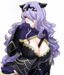 1girl absurdres armor black_armor black_horns breasts camilla_(fire_emblem) capelet cleavage closed_mouth commentary english_commentary fake_horns fire_emblem fire_emblem_fates gloves hair_over_one_eye highres horns large_breasts long_hair nintendo one_eye_covered purple_capelet purple_eyes purple_gloves purple_hair sierra117renner simple_background smile solo wavy_hair white_background