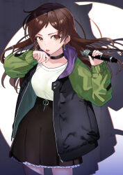 Rule 34 | 1girl, black choker, black skirt, brown eyes, brown hair, choker, closed mouth, cowboy shot, earrings, floating hair, glint, hands up, holding, holding microphone, hoop earrings, idolmaster, idolmaster million live!, jacket, jewelry, kitazawa shiho, long hair, long sleeves, looking to the side, microphone, open clothes, open jacket, shirop imas, shirt, shirt tucked in, sideways glance, skirt, solo, standing, tongue, tongue out, white shirt