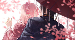 1boy 1girl black_hair blurry boruto:_naruto_next_generations cherry_blossoms closed_eyes closed_mouth couple depth_of_field earrings flower from_behind haruno_sakura headband highres holding holding_umbrella hug imminent_kiss japanese_clothes jewelry jun_(kokage) kimono looking_at_another naruto_(series) outdoors pink_flower pink_hair pink_headband ring short_hair smile uchiha_sasuke umbrella
