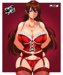 1girl artist_name biting_own_lip breasts brown_hair cameltoe collarbone commentary commission corset cropped_legs emisart55 english_commentary female_focus garter_belt garter_straps gradient_background grin groin hair_between_eyes hairband highres lace_trim large_breasts long_hair looking_at_viewer midriff_peek navel original outside_border panties red_background red_corset red_hairband red_panties red_thighhighs shiny_skin simple_background smile solo straight-on straight_hair thighhighs underwear very_long_hair wavy_hair