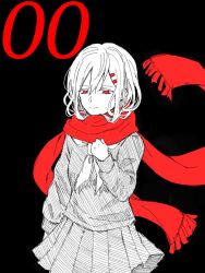 alternate_hair_color arm_at_side black_background clenched_hand closed_mouth enpera false_smile floating_scarf hair_between_eyes hair_ornament hairclip half-closed_eyes hand_on_own_chest highres kagerou_project lonely long_hair long_sleeves looking_down mekakucity_actors neckerchief numbered partially_colored pleated_skirt red_eyes red_scarf scarf school_uniform serafuku simple_background sketch skirt sleeve_cuffs smile solo spot_color tateyama_ayano white_hair white_neckerchief yuru