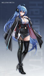 1girl alternate_costume azur_lane banchiyuebai black_coat black_dress black_gloves blue_hair boots breasts casual character_name cleavage clothing_cutout coat commentary_request dress full_body gloves hair_between_eyes hand_up headgear helena_(meta)_(azur_lane) high_heel_boots high_heels highres long_hair looking_at_viewer navel navel_cutout navel_peek no_bra open_clothes open_coat ponytail red_eyes single_glove single_thighhigh smile solo standing thigh_boots thighhighs thighs very_long_hair