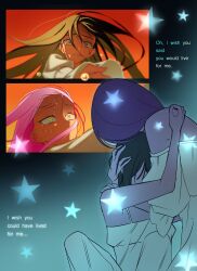 2girls alien_stage black_hair commentary crying crying_with_eyes_open doce_12 dress english_commentary english_text floating_hair highres hug long_hair mizi_(alien_stage) multiple_girls off-shoulder_dress off_shoulder official_alternate_hair_length official_alternate_hairstyle pink_hair purple_eyes short_hair star_(symbol) sua_(alien_stage) tears white_dress yellow_eyes