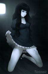 1girl artist_name bare_legs black_eyes black_hair black_shoes blue_theme breasts cleft_of_venus clothes_lift colored_skin commentary covered_erect_nipples dress dress_lift english_commentary eyebrows female_focus female_pubic_hair fingernails frilled_dress frills full_body ghost goth_fashion hand_on_own_thigh highres juliet_sleeves kneeling lifting_own_clothes lips long_hair long_sleeves looking_at_viewer mary_janes medium_breasts monochrome no_panties no_pupils nose original pale_skin parted_lips patreon_username pubic_hair puffy_sleeves pussy shoes skirt skirt_lift solo spread_legs tarakanovich white_skin