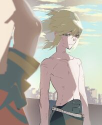 2boys belt bruise cityscape cloud day floating_hair galo_thymos green_hair injury km_(ksolee1201) light_smile lio_fotia looking_to_the_side male_focus multiple_boys pants promare purple_eyes short_hair sky solo_focus topless_male