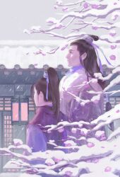 2boys absurdres architecture banban953 bow branch brown_eyes brown_hair character_request cloud cloudy_sky cowboy_shot day east_asian_architecture expressionless flower forehead hair_bow hair_ribbon high_ponytail highres house lantern long_hair long_sleeves looking_ahead male_focus multiple_boys nirvana_in_fire outdoors parted_lips petals pointy_nose ponytail puffy_long_sleeves puffy_sleeves purple_bow purple_flower purple_hanfu purple_ribbon purple_sash purple_tunic ribbon sash sky snow snowing thick_eyebrows topknot tunic very_long_hair waist_sash winter