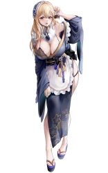 1girl absurdres alternate_costume apron bare_shoulders blonde_hair blue_nails blush breasts cleavage full_body furuming1 goddess_of_victory:_nikke hair_ornament headdress highres holding japanese_clothes kimono large_breasts leaning_forward long_hair long_sleeves looking_at_viewer maid maid_apron maid_headdress nail_polish off_shoulder open_mouth purple_eyes robe sandals sash simple_background smile solo standing thighs tia_(nikke) underwear white_background wide_sleeves